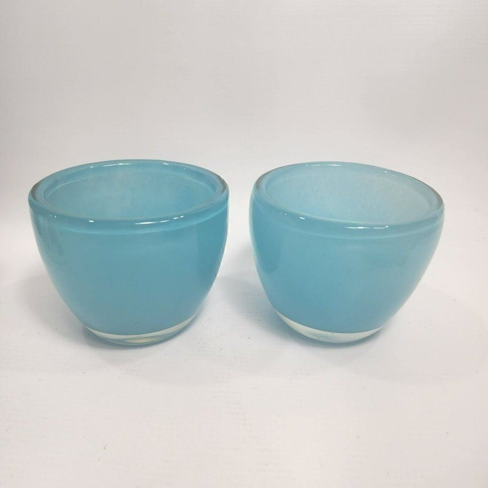 2 Light Blue 3.75" Glass Votive Tea Light Candle Holders Chunky